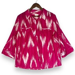 Chico's Button Up Top 3/4 Sleeve Pink White‎ Print 100% Cotton Western Size 3 XL